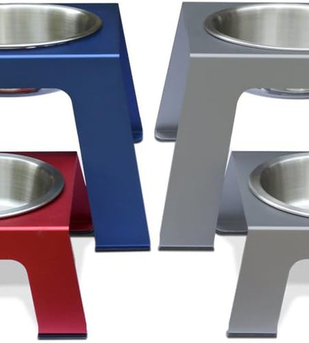 Elevated Dog Bowls, Cat Bowls -- Premium Anodized Aluminum Feeder (Short 4"). Us Food Grade Stainless Steel Raised Bowls,Metallic Gray