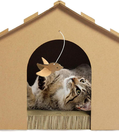 Pet Furniture for Cats and Kittens - Gingerbread House Corrugated Cat Scratcher Hideout with Catnip, Cardboard (Brown), One Size