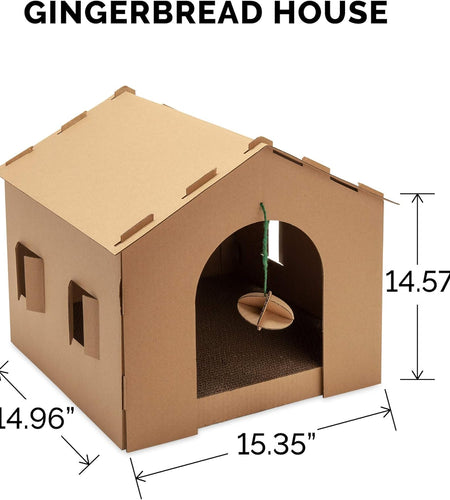 Pet Furniture for Cats and Kittens - Gingerbread House Corrugated Cat Scratcher Hideout with Catnip, Cardboard (Brown), One Size